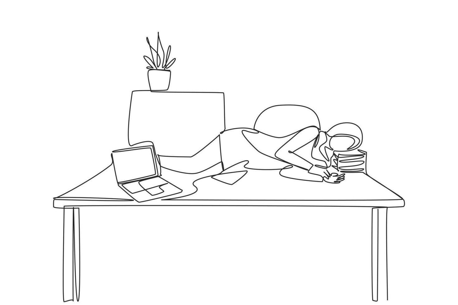 Single one line drawing Arabian woman fell asleep on the table with a pillow from a pile of papers. Overnight at the office. Completed many deadlines. Continuous line design graphic illustration vector