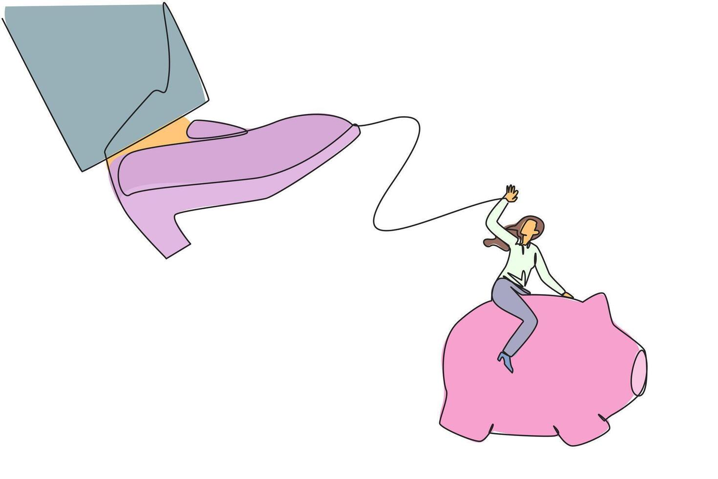 Single continuous line drawing businesswoman riding a piggy bank runs away from giant feet. Maintain profits. Got a business test to make it grow. Saving assets. One line design illustration vector
