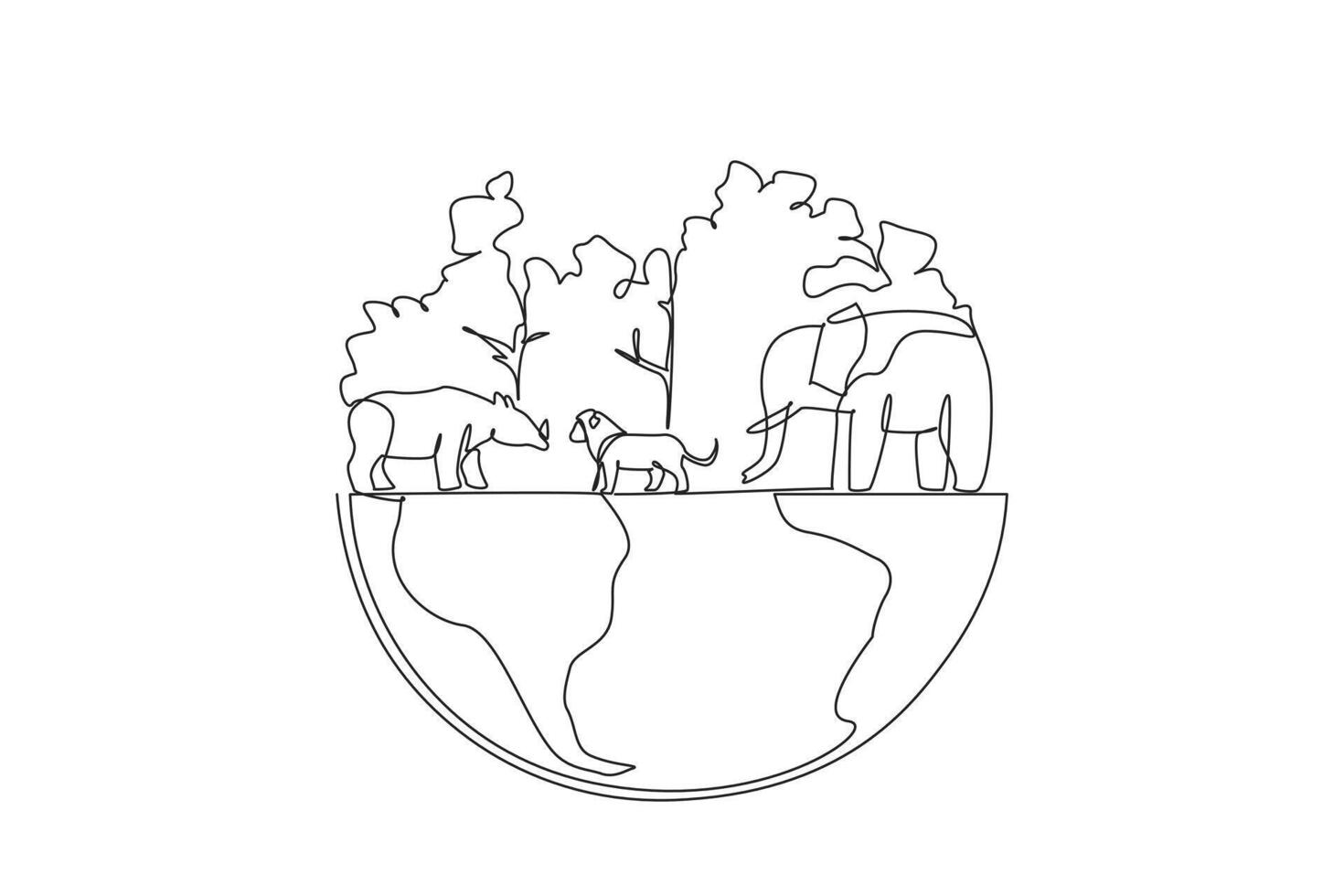 Single continuous line drawing lush trees and several animals. Habitat for living creatures. A maintained ecosystem ensures that animal populations are maintained. One line design illustration vector