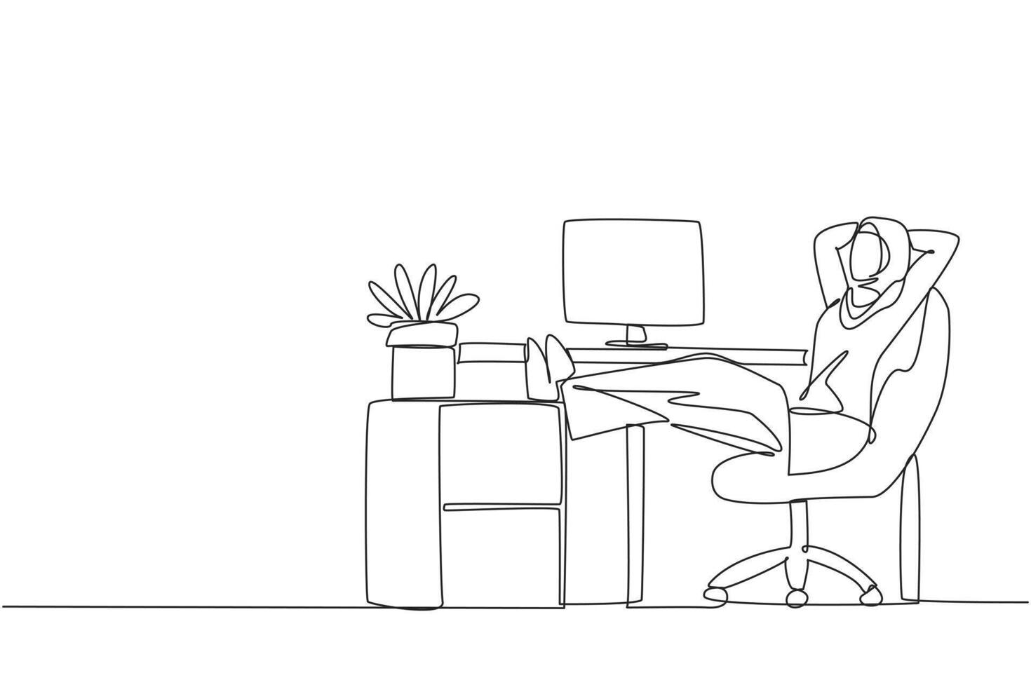 Continuous one line drawing Arab woman sits in work chair with her hands behind head and legs raised on work desk. Relax for a moment. Improves better mood. Single line draw design illustration vector