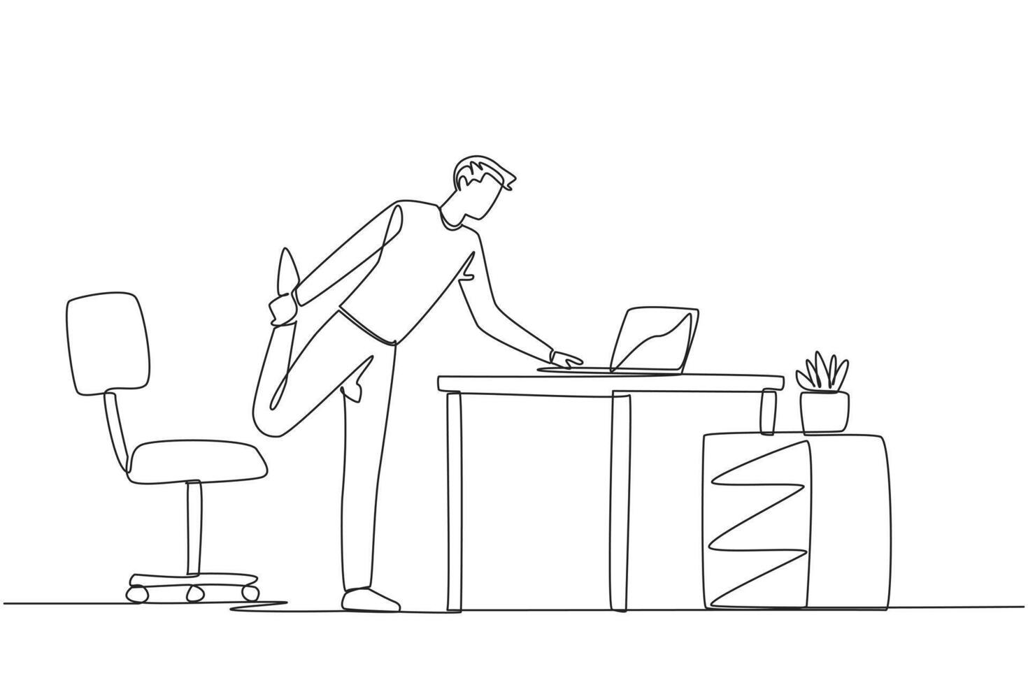 Single one line drawing man standing with one leg raised and his hand typing on a laptop. Make a presentation during an online meeting while stretching. Continuous line design graphic illustration vector