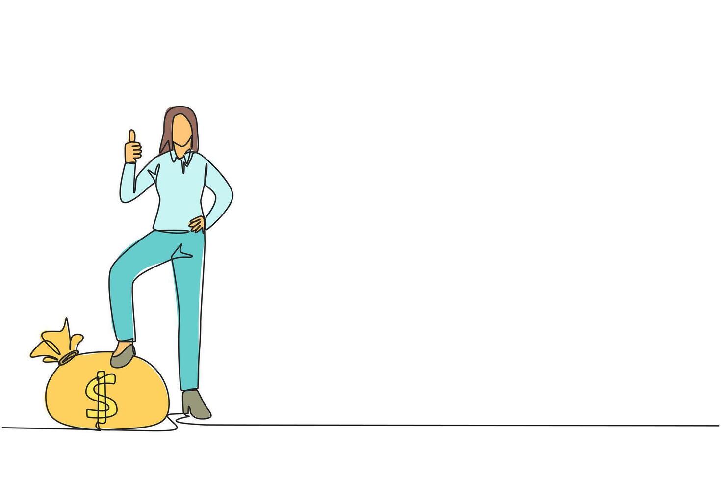 Single continuous line drawing businesswoman stands with thumbs up pose and steps on money bag with one of foot. Victory expression. Amazing achievement. Success. One line design illustration vector