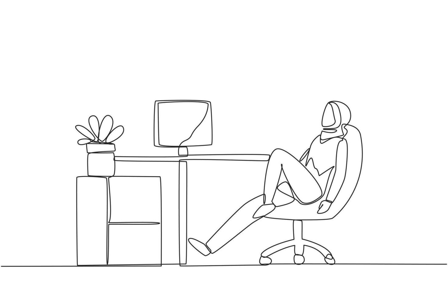 Single one line drawing Arab woman sits in work chair with one of legs raised and folded. Relax after focusing on work. A short break from routine. Hectic. Continuous line design graphic illustration vector