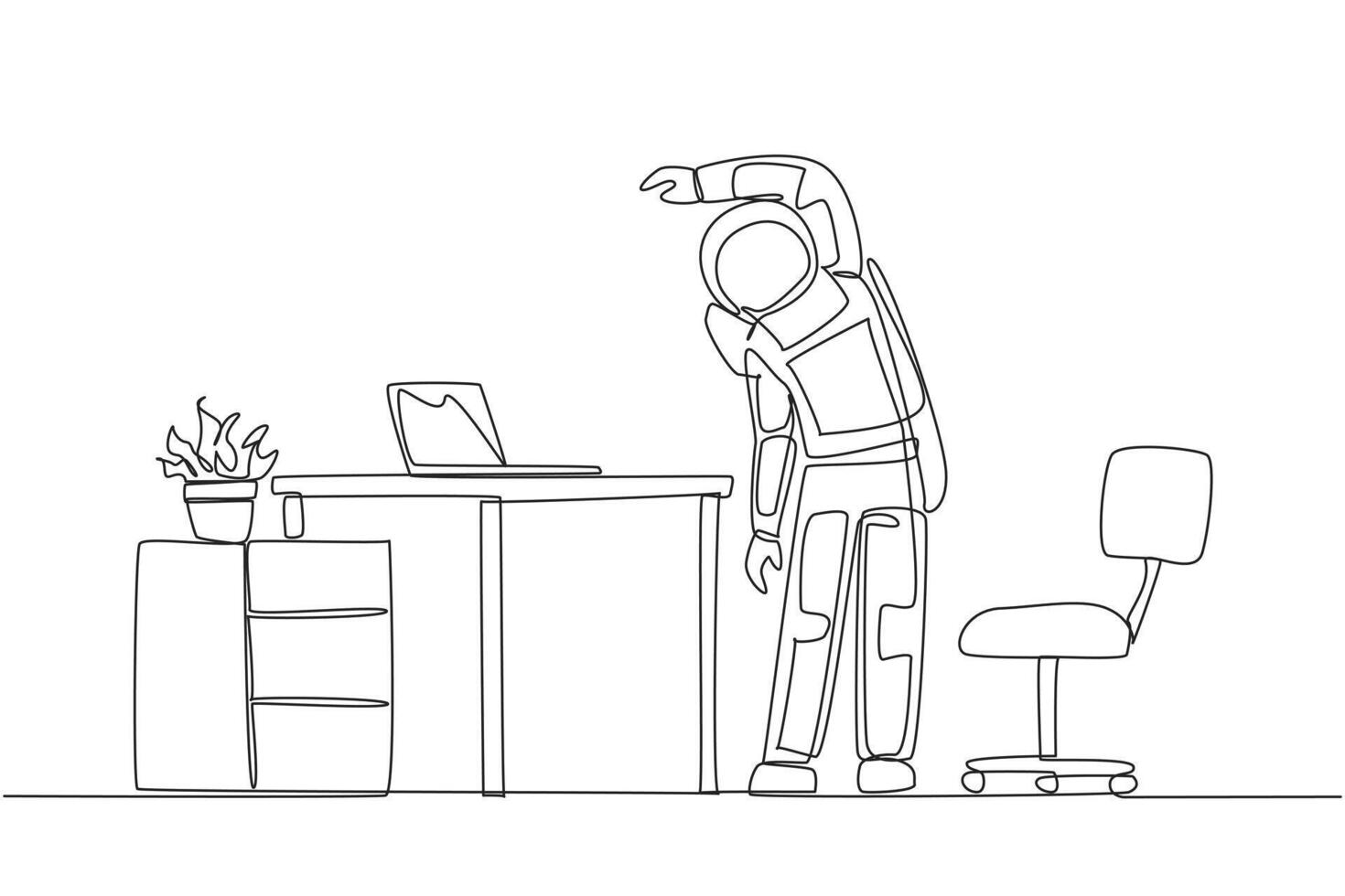 Single one line drawing astronaut stands while raising one hand and tilting body. Stretching. It is very ready to carry out a space expedition. Cosmonaut. Continuous line design graphic illustration vector