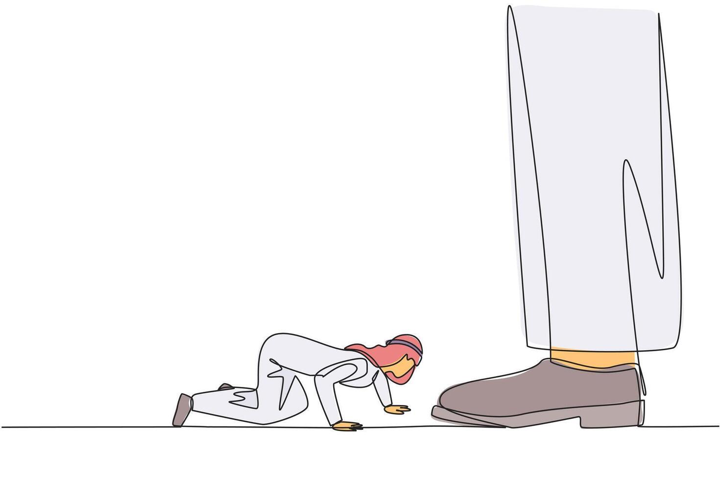 Continuous one line drawing Arabian businessman kneels and licks giant foot. Begging to the investors to disburse reserve funds. Avoid bankruptcy. Struggle. Single line draw design illustration vector