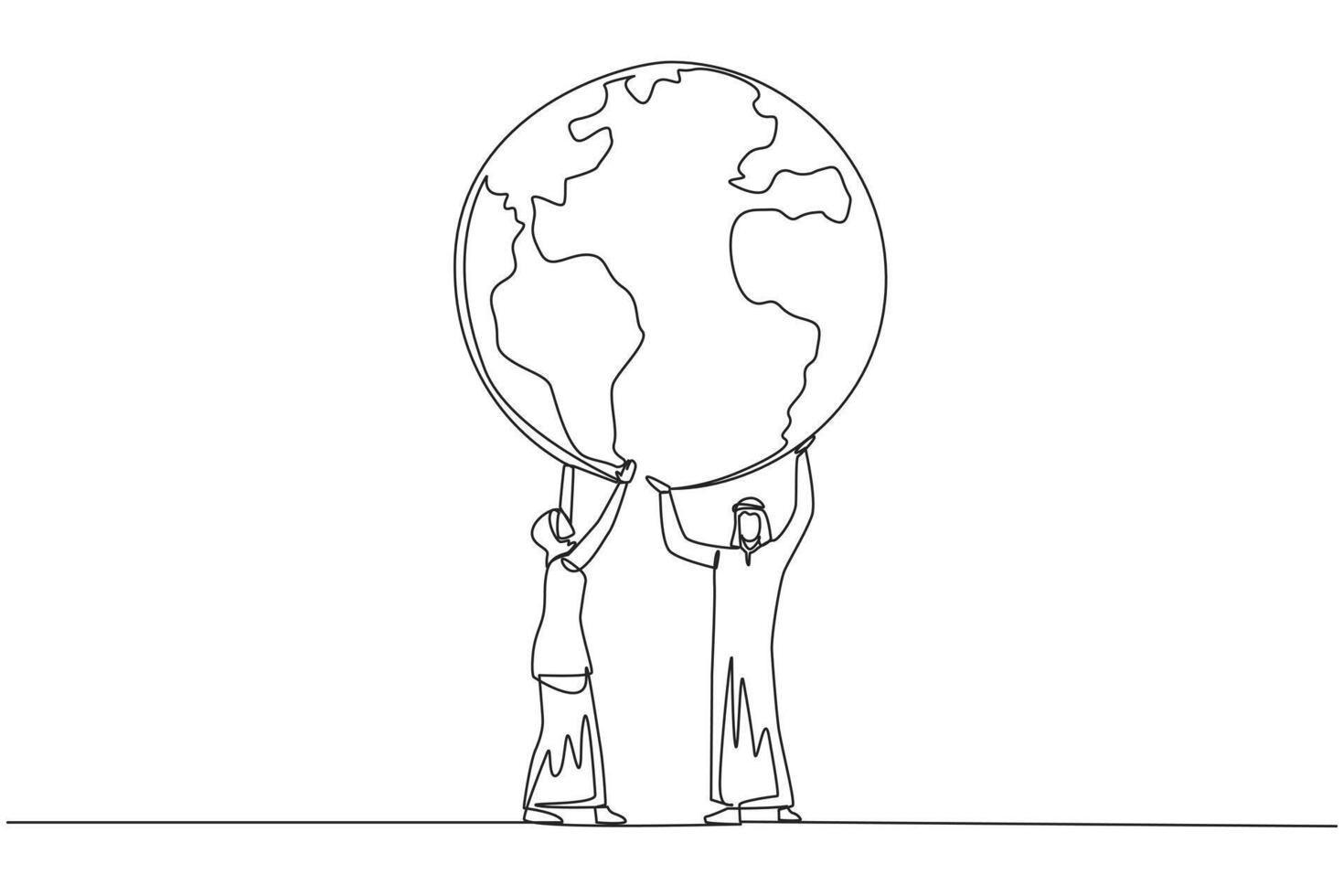 Single continuous line drawing Arab man and Arab woman hold up globe together with both hands. Teamwork makes missions easier. Protect the earth. Save the planet. One line design illustration vector