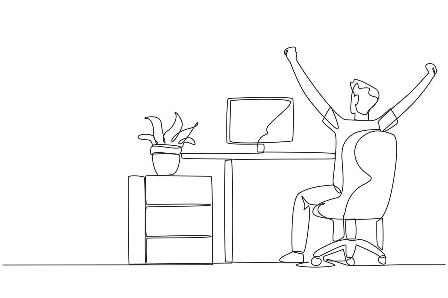 Continuous one line drawing the man sit on chair opening and raising his hands. Seen from behind. Monitoring the work progress. Stretch while overtime. Single line draw design illustration vector