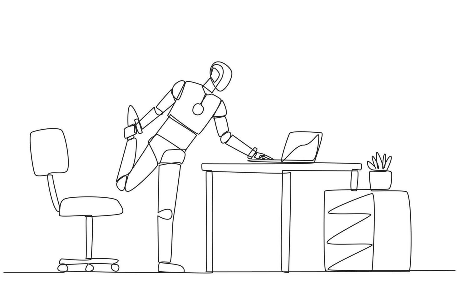 Single continuous line drawing robot standing with one leg raised and his hand typing on a laptop. Multitasking robots. Work while stretching. Future technology AI. One line design illustration vector