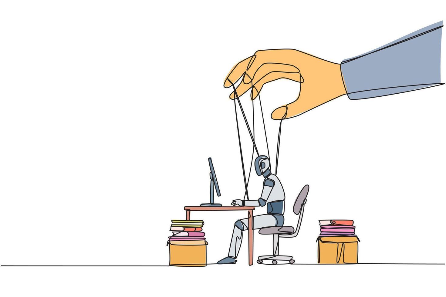 Single continuous line drawing robot typing on a laptop, hand moved by rope controlled by a giant hand. Controlling everything. Enslave robots. Future tech concept. One line design illustration vector