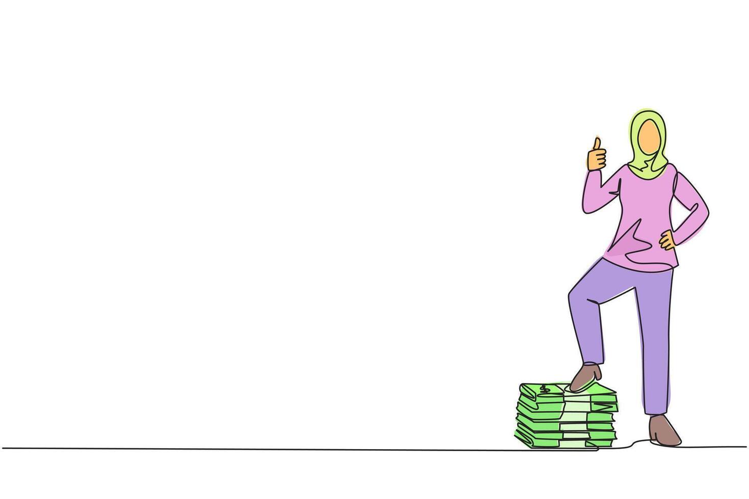 Continuous one line drawing Arab businesswoman stands with thumbs up pose and steps on stack of banknotes. Thanks for good cooperation increasing profits. Single line draw design illustration vector
