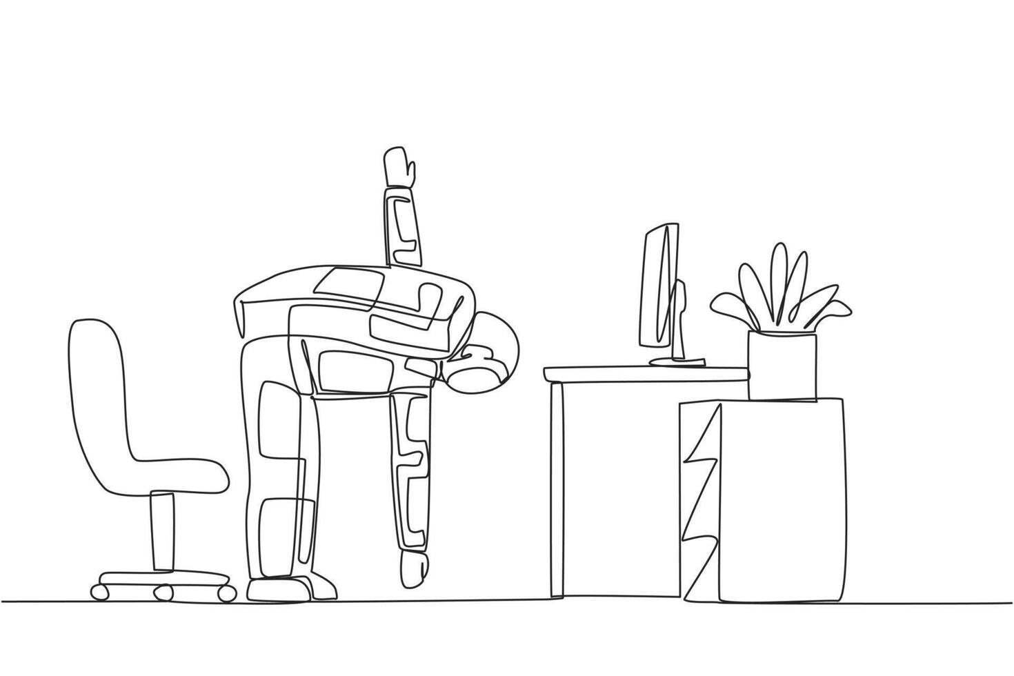 Single continuous line drawing astronaut stands with one hand raised and the other hand holding the tip of leg. Warm up before writing a space expedition report. One line design illustration vector