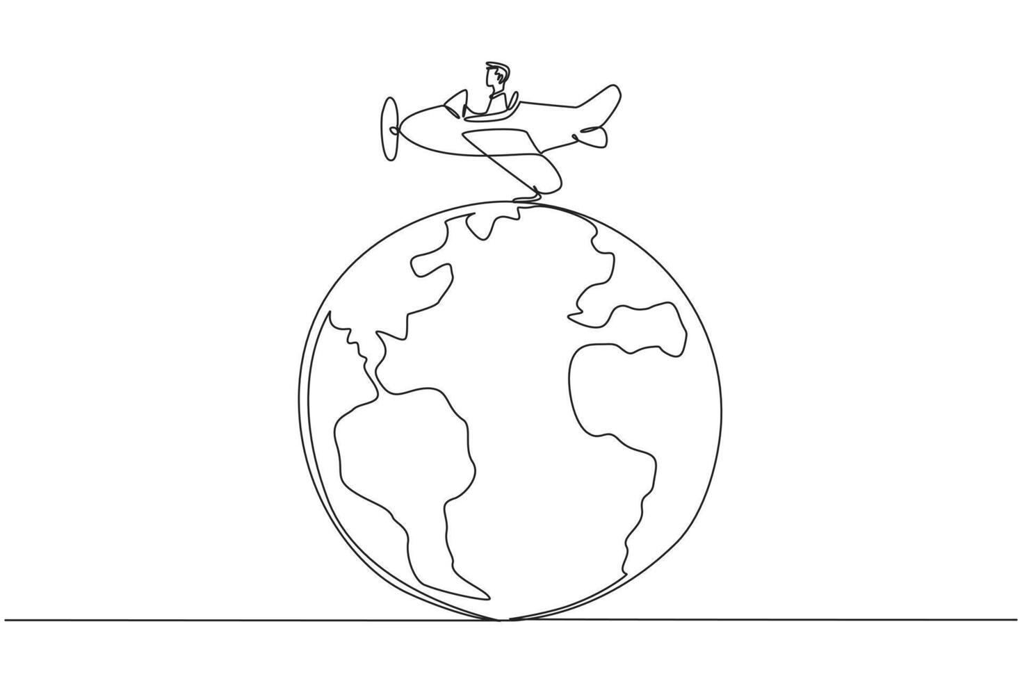 Single one line drawing an airplane driven by a man on a globe. Pollutes healthy air with emitted substances. Harmful to the ozone layer. Environmental. Continuous line design graphic illustration vector