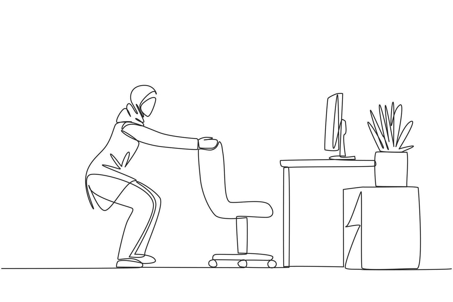 Single continuous line drawing Arab woman stands with a slight bend and both hands hold the top of chair. Stretching. Exercise trains balance and breathing. Focus. One line design illustration vector