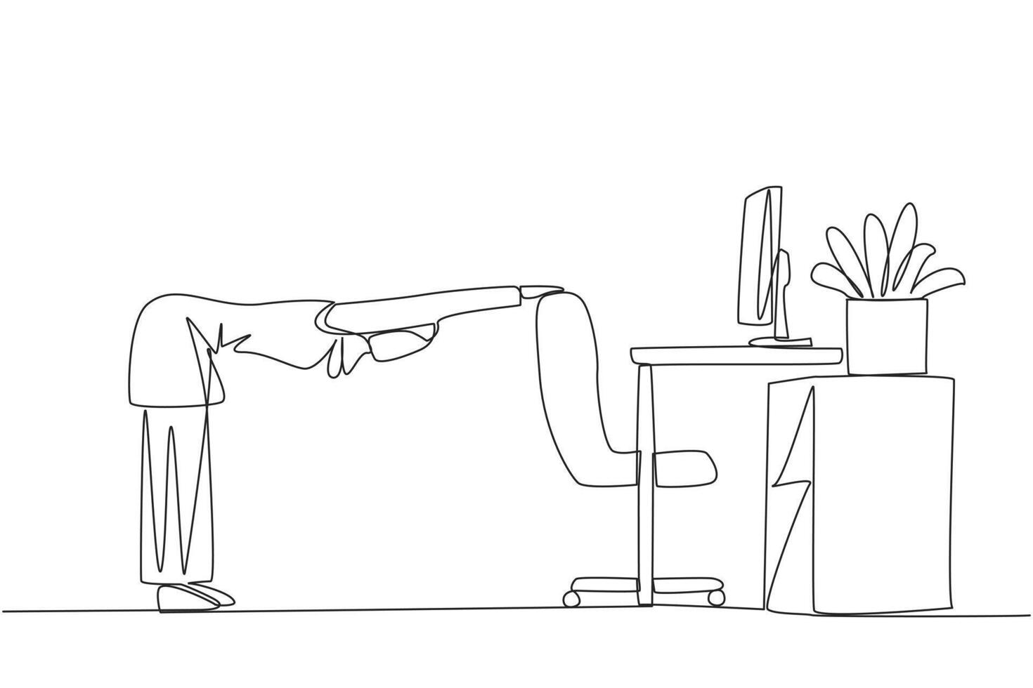 Single continuous line drawing Arabian woman bowed while holding her hand on her work chair. Stretch the body. Makes relax during overtime on the weekends. Hectic. One line design illustration vector
