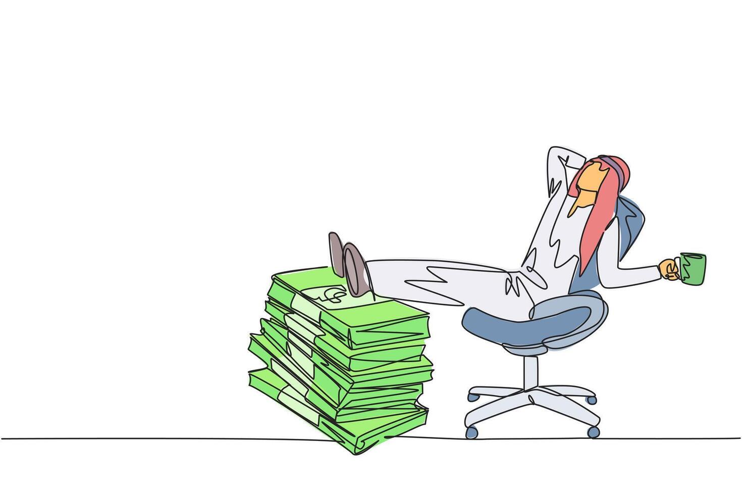 Continuous one line drawing Arab businessman sitting relaxed in a work chair. Foot resting on stacks of banknotes. Dreams of success come true. Marvelous. Single line draw design illustration vector
