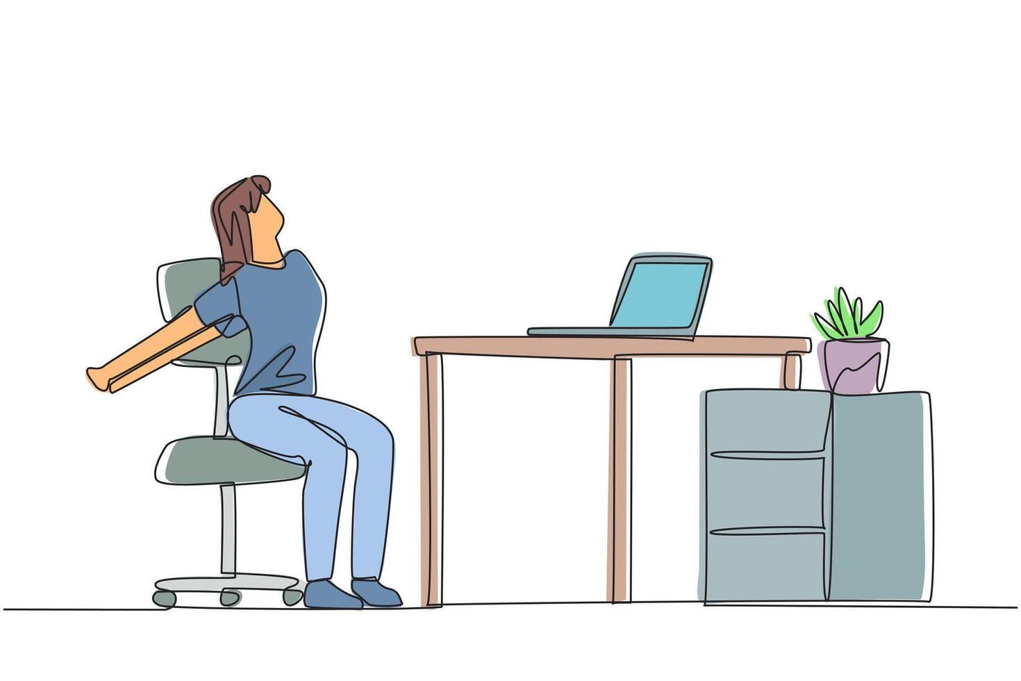 Continuous one line drawing woman sitting in work chair stretching arms behind back. Avoid sprains. Stretch to work smoothly. Overtime on the weekend. Single line draw design illustration vector