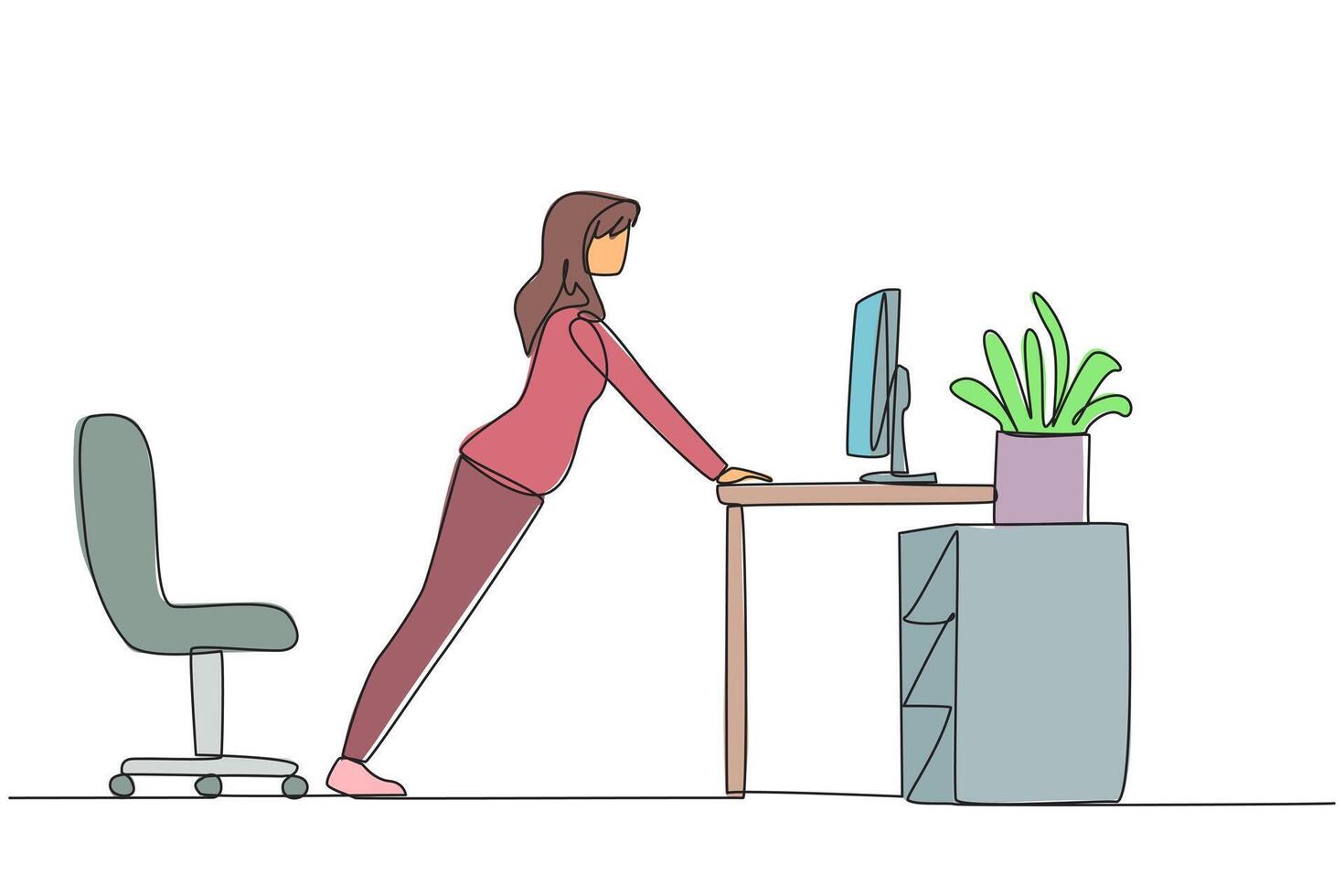 Continuous one line drawing woman do push up movements by holding edge of work table. Overcome boredom with light exercise. Helps stay focused. Overtime. Single line draw design illustration vector