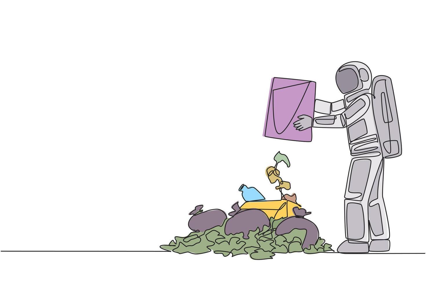 Single continuous line drawing astronaut throws rubbish into rubbish pile. Environmental care. Dispose of remaining supplies during the expedition. Outer space. One line design illustration vector