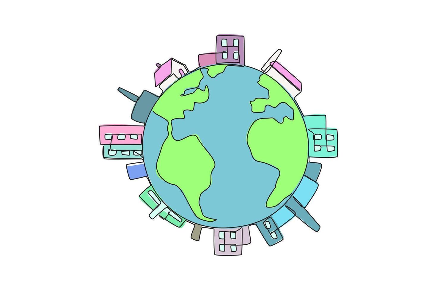 Continuous one line drawing buildings surround edge of the globe. Industrial area. Mostly there is pollution. Take care of the earth as best as possible. Single line draw design illustration vector