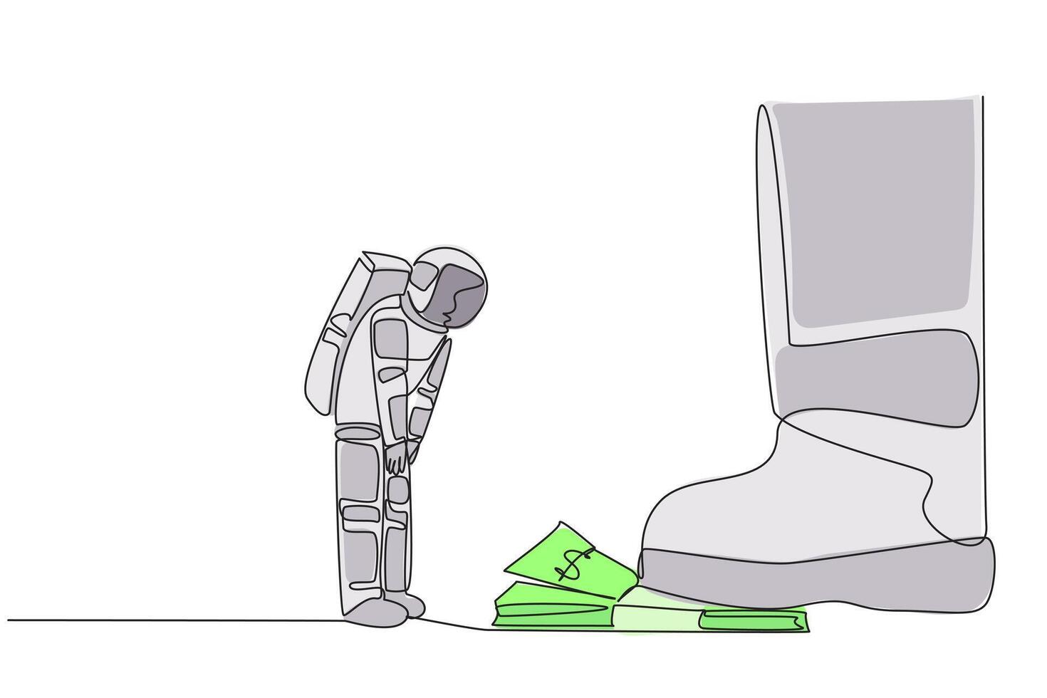 Continuous one line drawing astronaut nodded in front of giant foot stepping on stack of banknotes. Requesting additional expedition funds. Cosmic concept. Single line draw design illustration vector