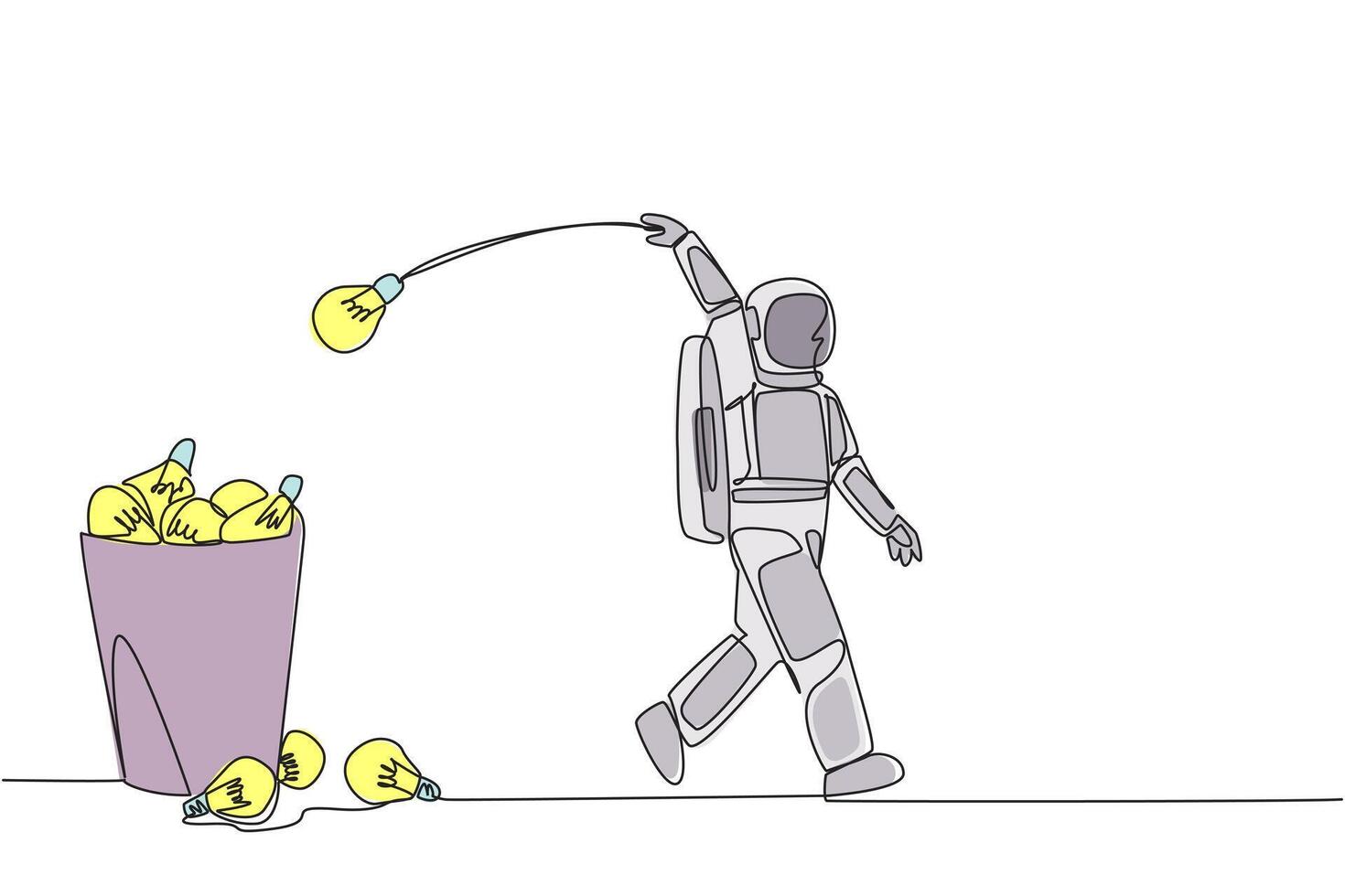 Single one line drawing astronaut walking throwing light bulbs into trash can. Throwing out ideas to convey during space expeditions. Galaxy outer space. Continuous line design graphic illustration vector