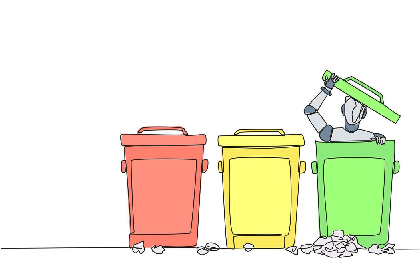 Single one line drawing robot peeking out of the trash can, there were lots of wads of paper. Programmed to have sensitivity. Embarrassed. Future tech. Continuous line design graphic illustration vector