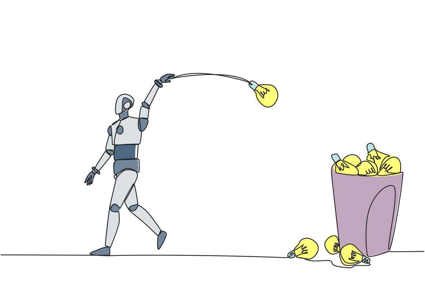 Single continuous line drawing robot walking throwing light bulbs into the trash can. Not the most genius robot. Artificial intelligence is starting to decline. One line design illustration vector