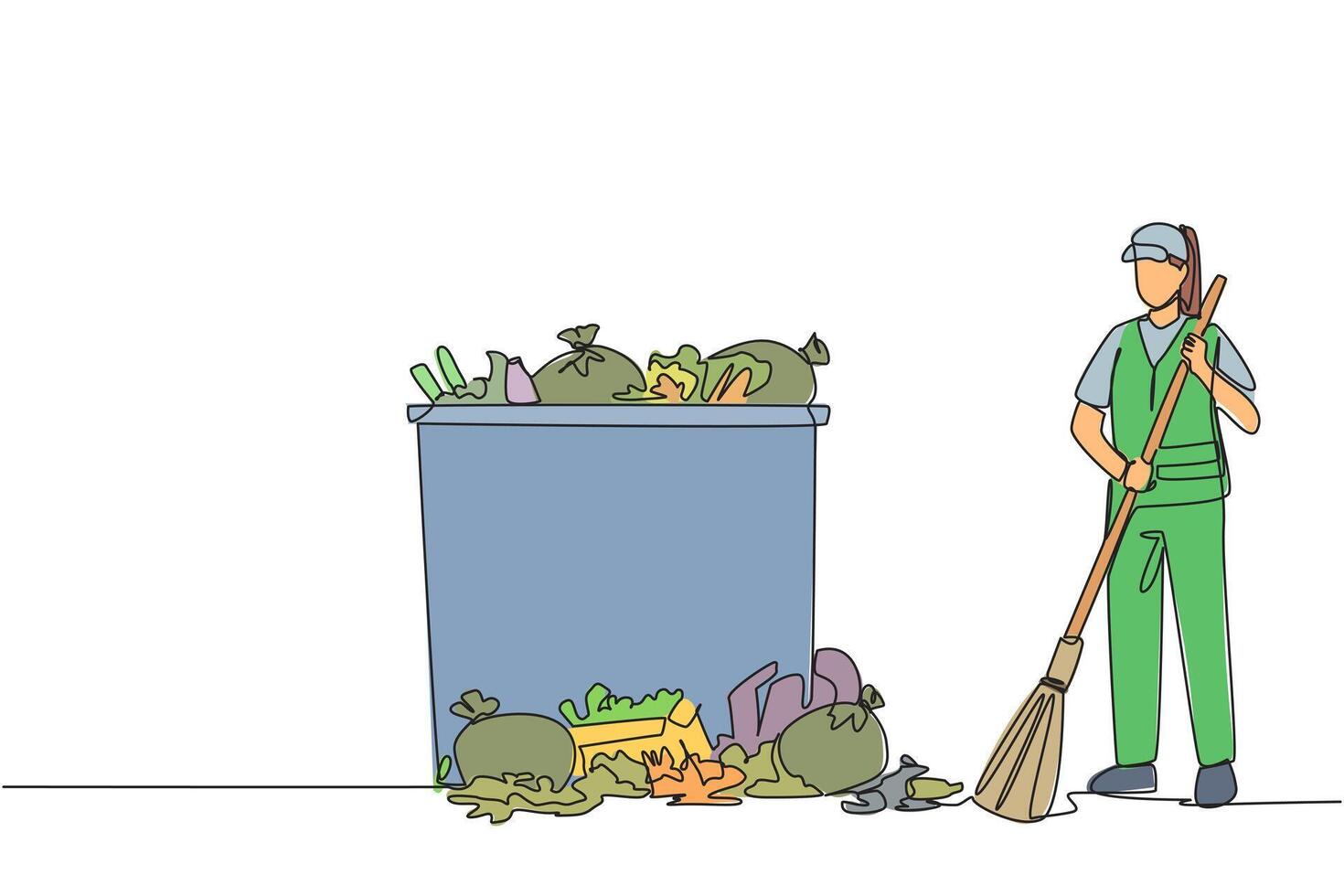 Continuous one line drawing trash woman cleans rubbish by sweeping it into a pile of rubbish. Cleaners who are passionate about keeping environment clean. Single line draw design illustration vector