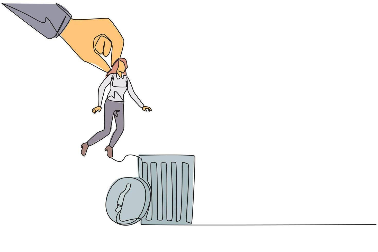 Continuous one line drawing businesswoman is lifted by a giant hand and will be put into a trash can. Get fired. Business must continue to run. Economical. Single line draw design illustration vector