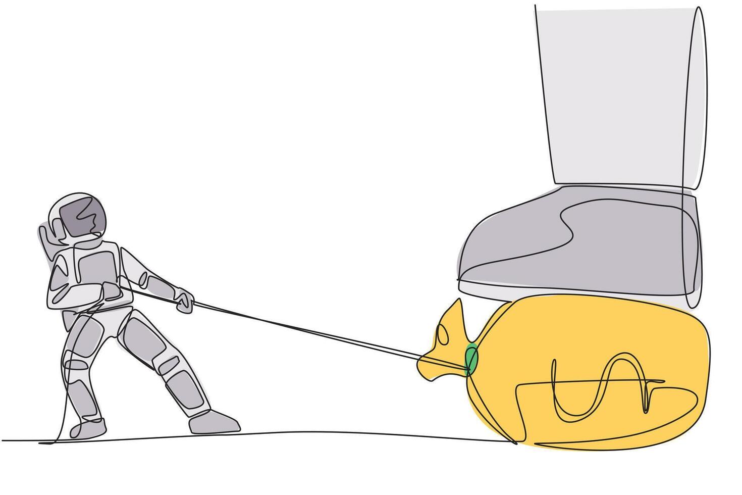 Single one line drawing astronaut tries to take money bag stepped on by giant foot with the rope. Withdraw large amounts of emergency funds. Cosmonaut. Continuous line design graphic illustration vector