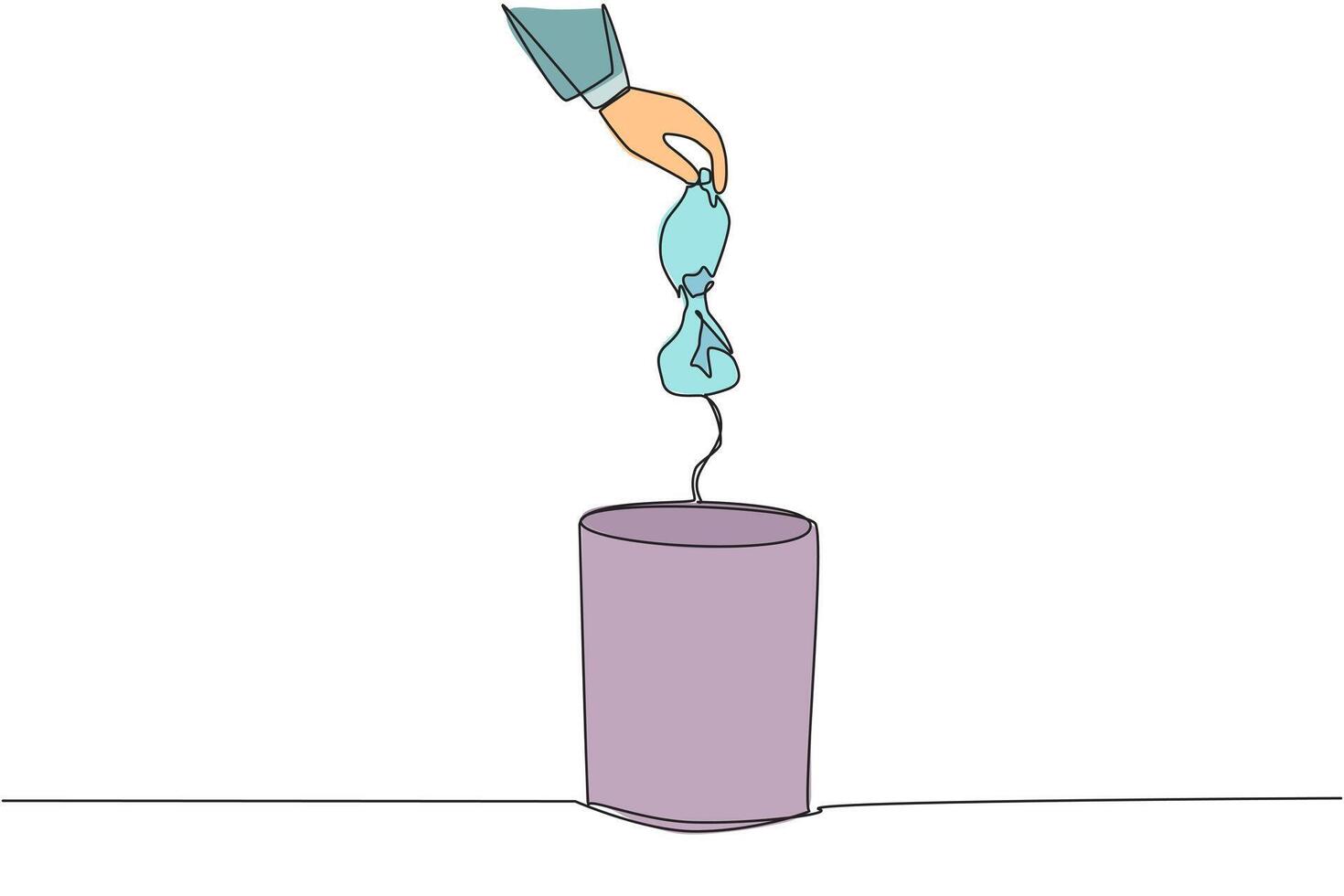 Continuous one line drawing businessman's hand throwing away a crushed plastic bottle. Best way to dispose of plastic items. Can be reused. Can be recycled. Single line draw design illustration vector