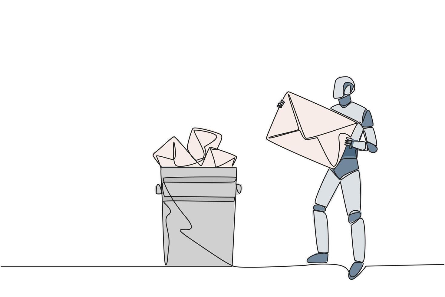 Single one line drawing robot throw large envelope in the trash. Eliminates the many bugs that plague artificial intelligence. Future technology concept. Continuous line design graphic illustration vector