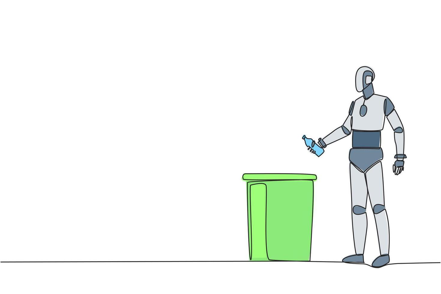 Continuous one line drawing robot throw used plastic bottles into overflowing trash cans. Environmental care. Programmed to always be clean. Future tech. Single line draw design illustration vector