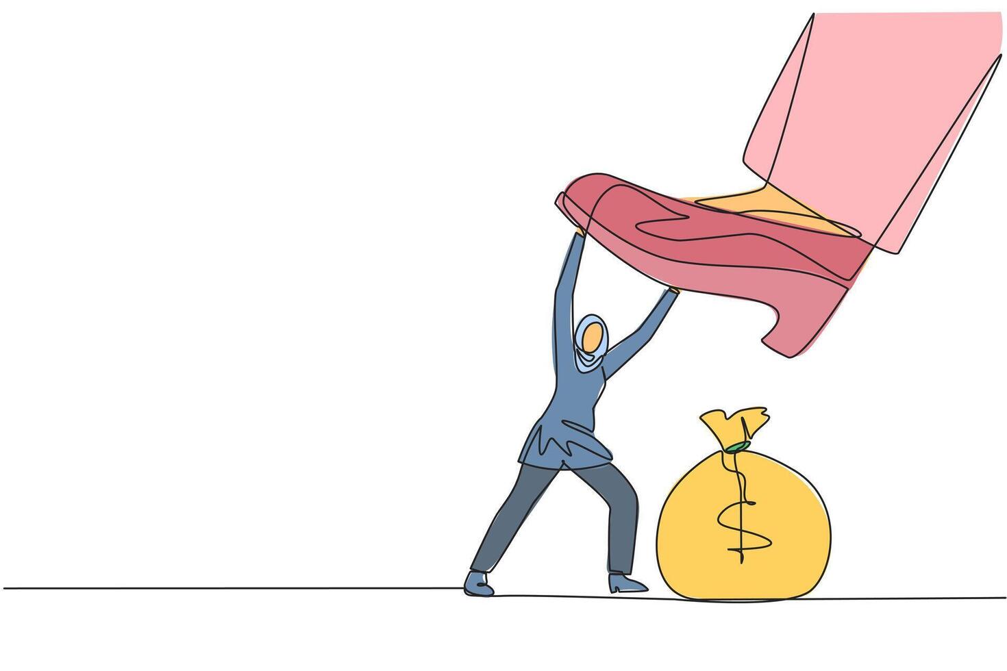 Single continuous line drawing Arabian businesswoman holds back giant foot wants to step on money bag. Strive to the best of the ability. Save profits. Struggle. One line design illustration vector