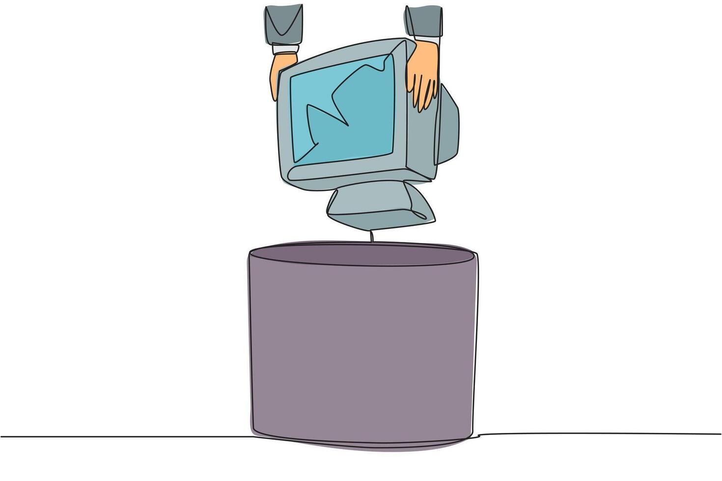 Continuous one line drawing businessman's hand throws away tube monitor whose screen is cracked. Outdated technology. Poor color gradation. Useless things. Single line draw design illustration vector