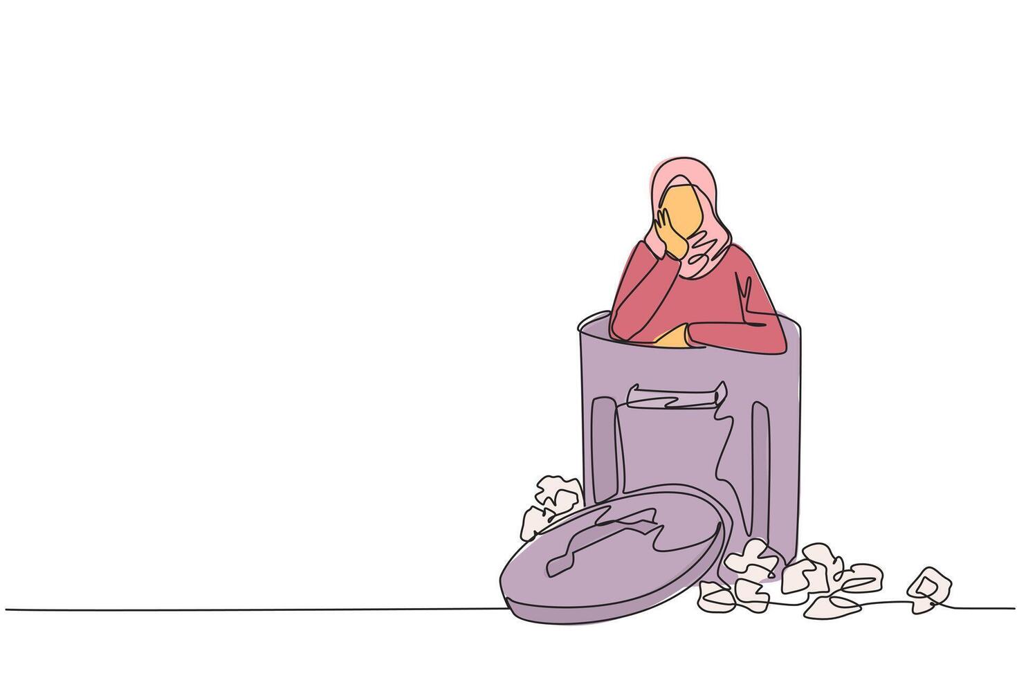 Single continuous line drawing Arabian businesswoman is in the trash. Poor mentality. Contemplating fate. Unable to pay all bills. Trying to find the best way out. One line design illustration vector