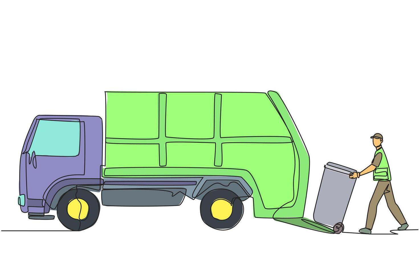 Single one line drawing trash man loads the trash can into the trash truck. Garbage trucks will drive around to pick up trash elsewhere. Environmental care. Continuous line design graphic illustration vector