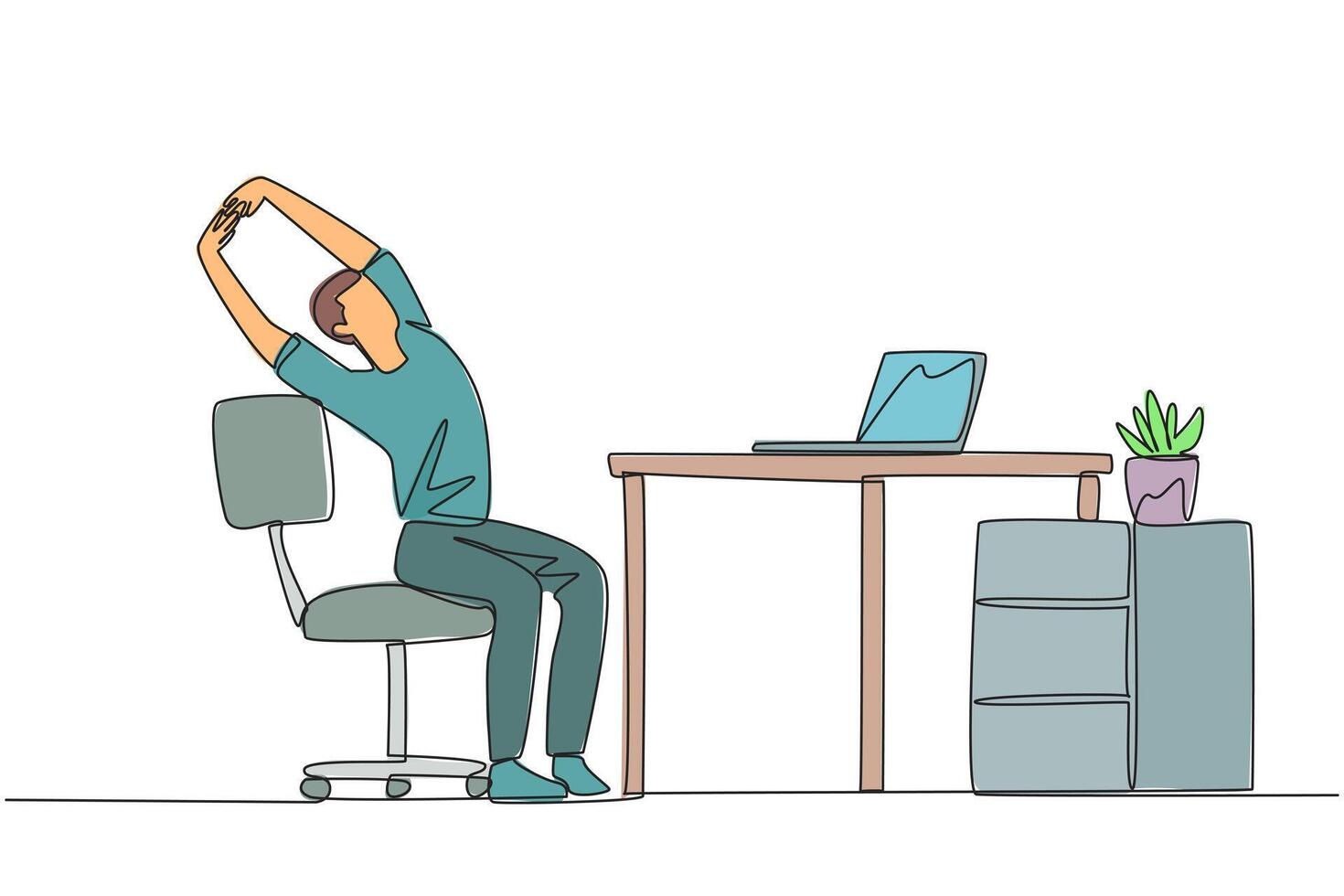 Continuous one line drawing man sitting in work chair while raising both hands. Stretching. Excited to do overtime on weekends. Light exercise during work. Single line draw design illustration vector