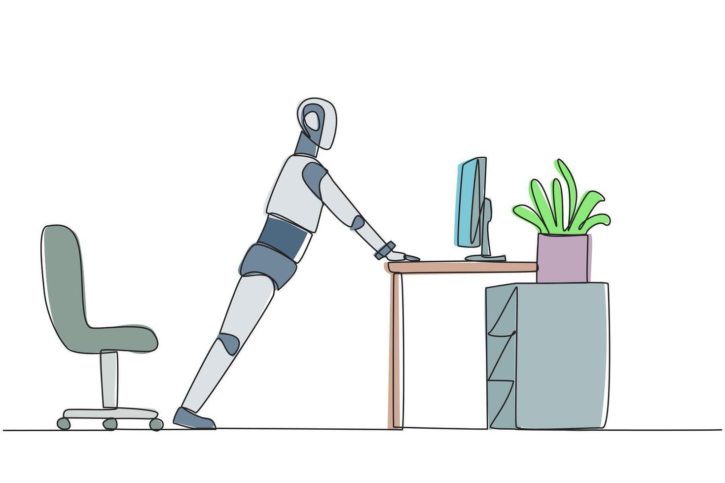 Single one line drawing robot do push up movements by holding edge of work table. Tutorial robots. Provide guidance on how to exercise while in the office. Continuous line design graphic illustration vector