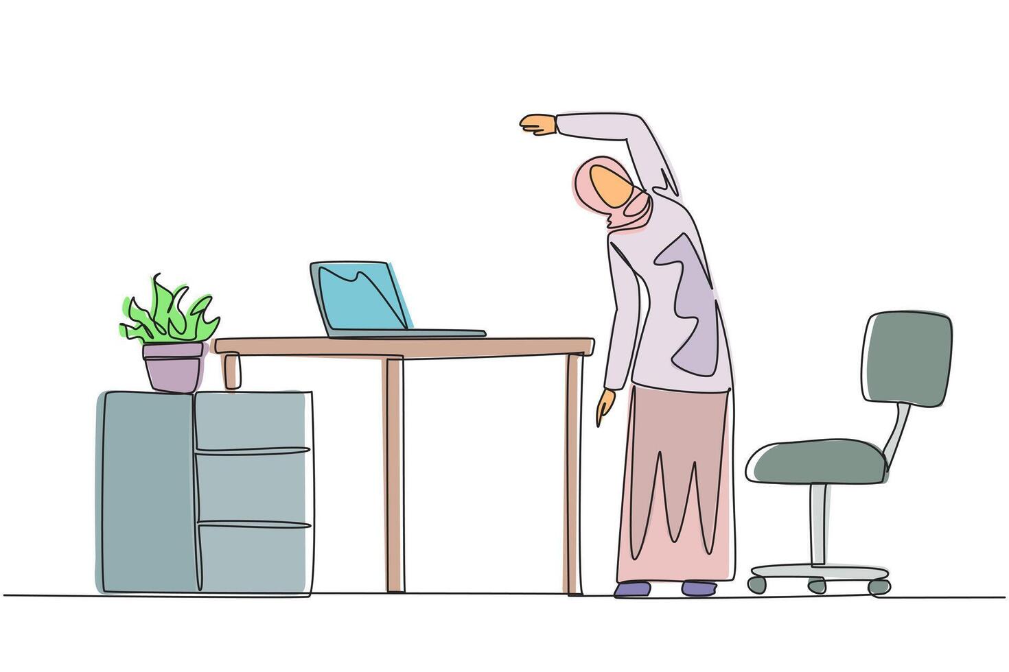 Single continuous line drawing Arabian woman stands while raising one hand and tilting body. Stretching. Keeping fit and in shape during overtime on the weekend.One line design illustration vector