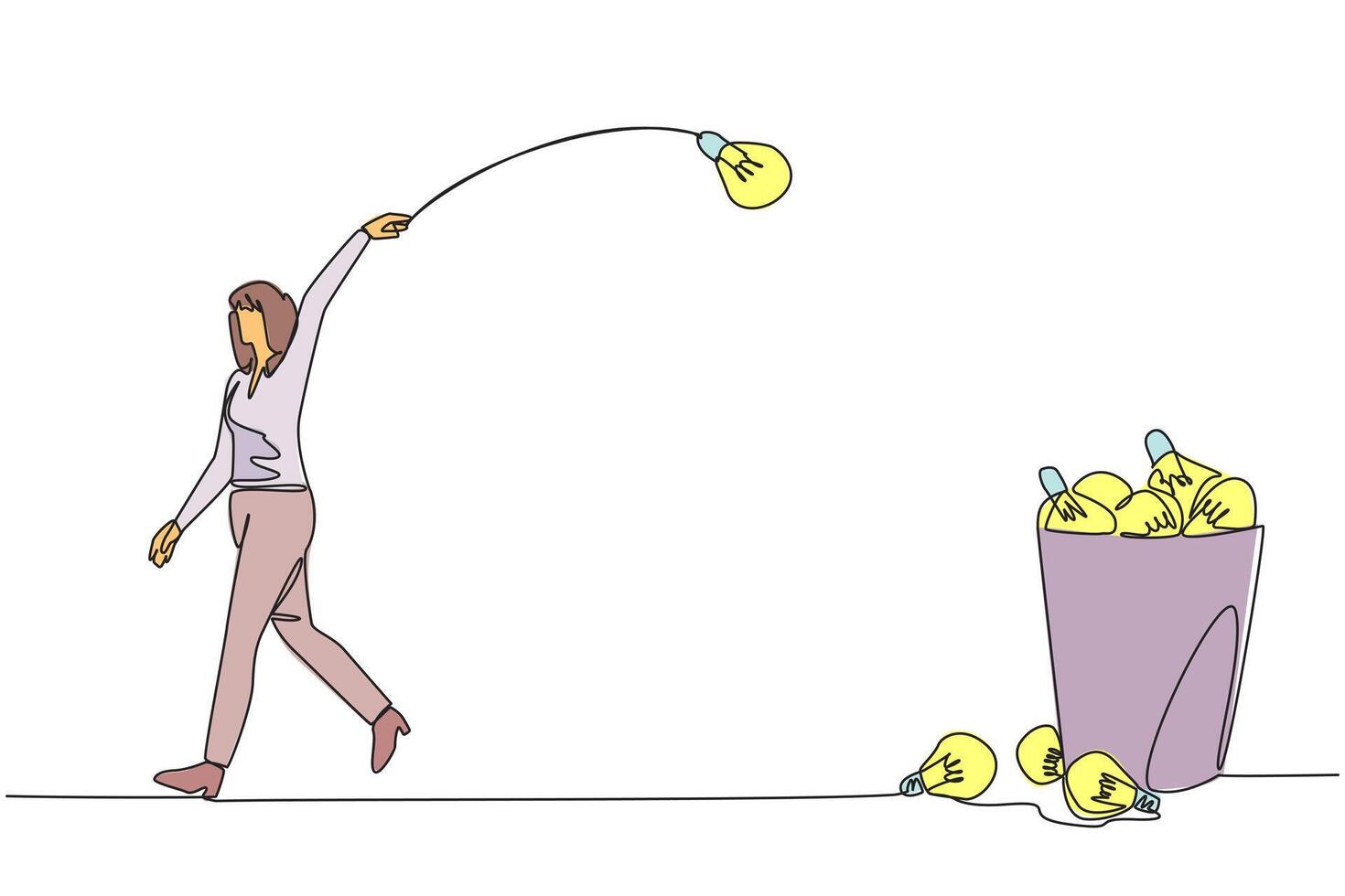 Single one line drawing businesswoman walking throwing lightbulb into trash can. Throwing away the opportunity to have the best innovation for the company. Continuous line design graphic illustration vector