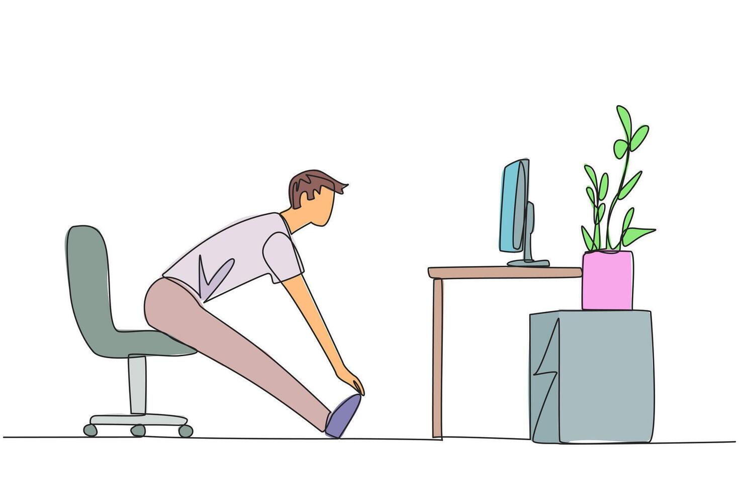 Continuous one line drawing man sitting in work chair with legs straightened. Work overtime on weekends. Eyes focus on the screen. Thinking about a project. Single line draw design illustration vector