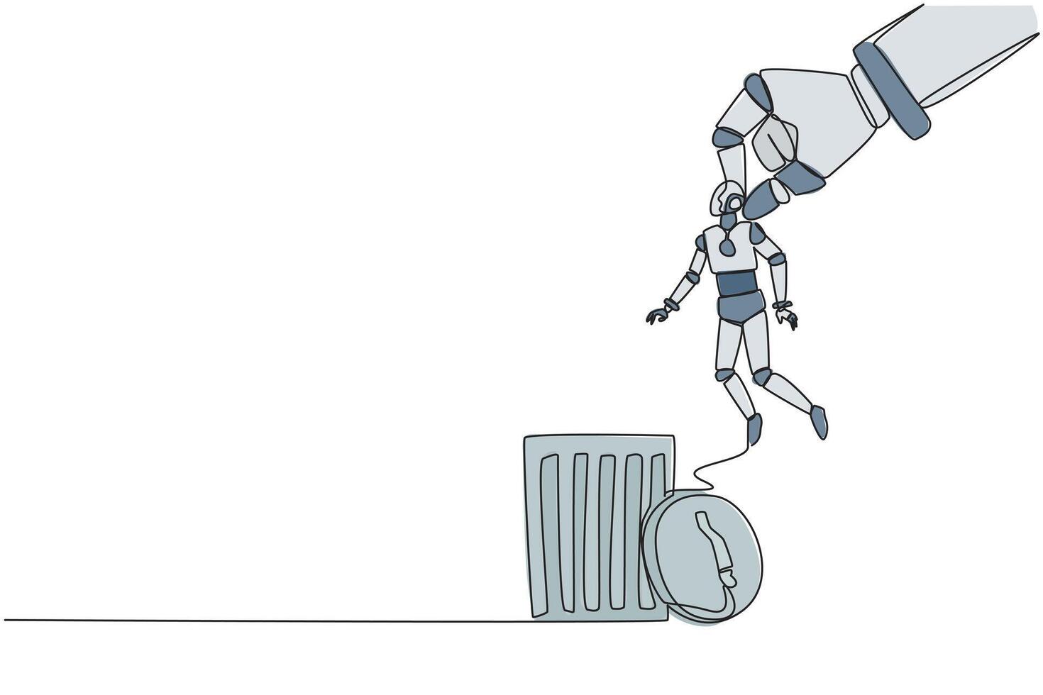 Single one line drawing the robot is lifted by a giant hand and will be put into a trash can. Failed experimental product. Will be thrown away and recycled. Continuous line design graphic illustration vector