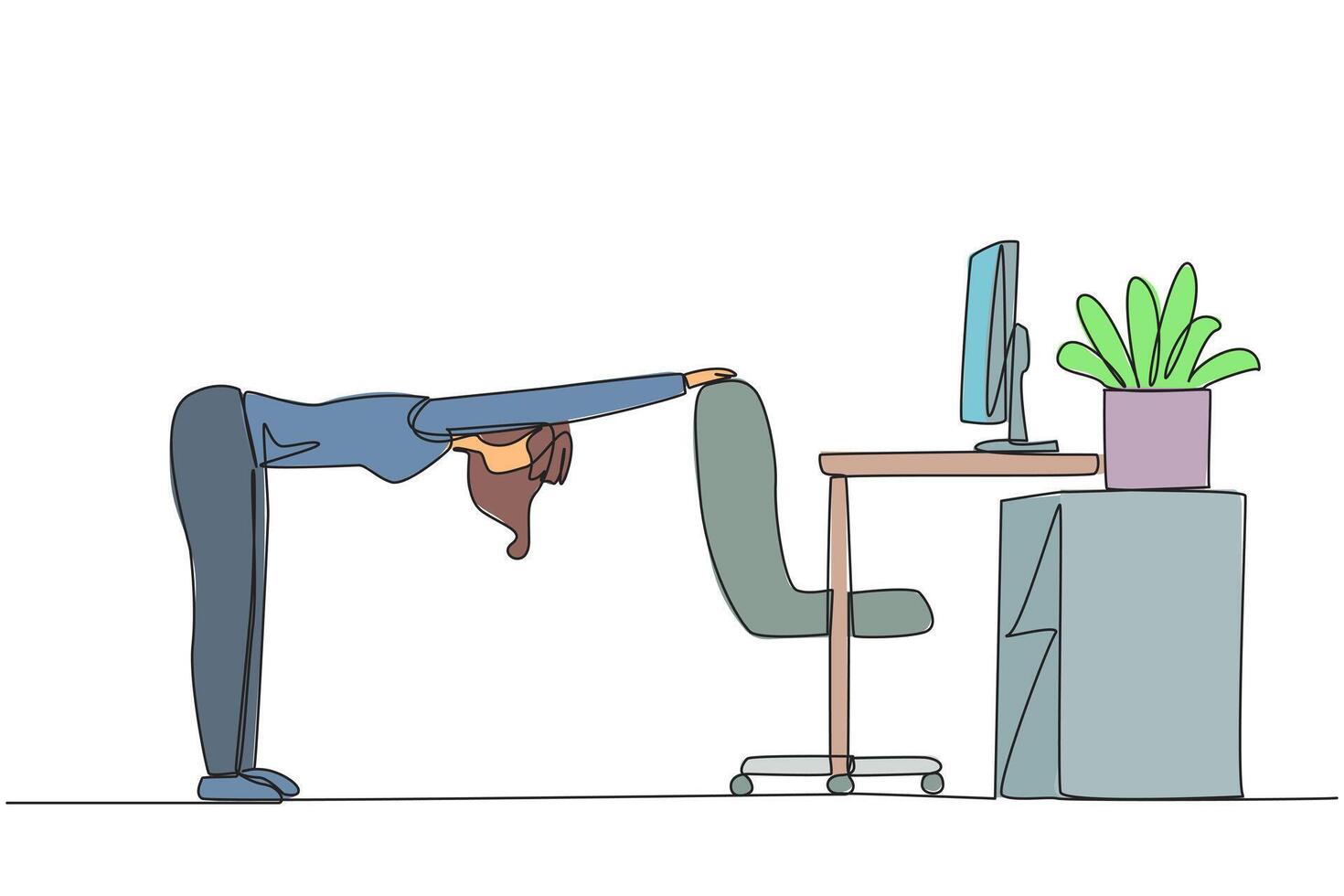 Single continuous line drawing woman bowed while stretching his hand on her work chair. Warm up movements. Light exercise while at the office. Overtime on weekend. One line design illustration vector