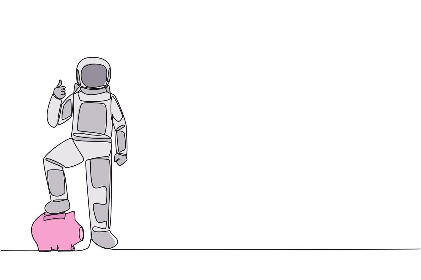 Single continuous line drawing astronaut stands with thumbs up pose and steps on the piggy bank with one of foot. Happy to release assets to conduct space research. One line design illustration vector