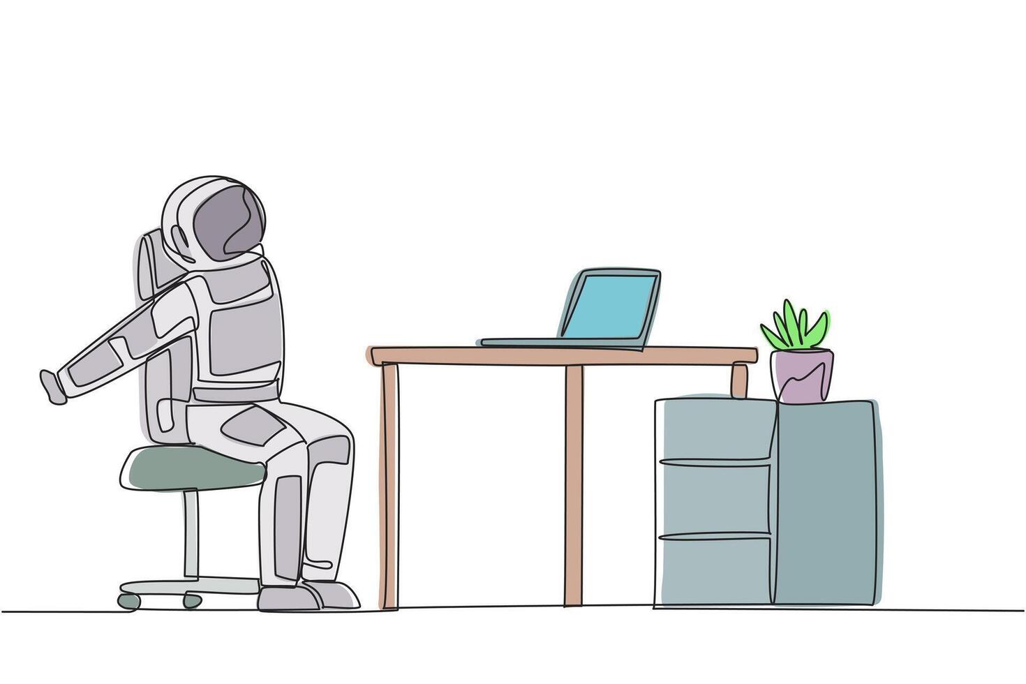 Single continuous line drawing astronaut sitting in work chair stretching arms behind back. Relax. Stretch arms because hand muscles are starting to feel stiff. One line design illustration vector