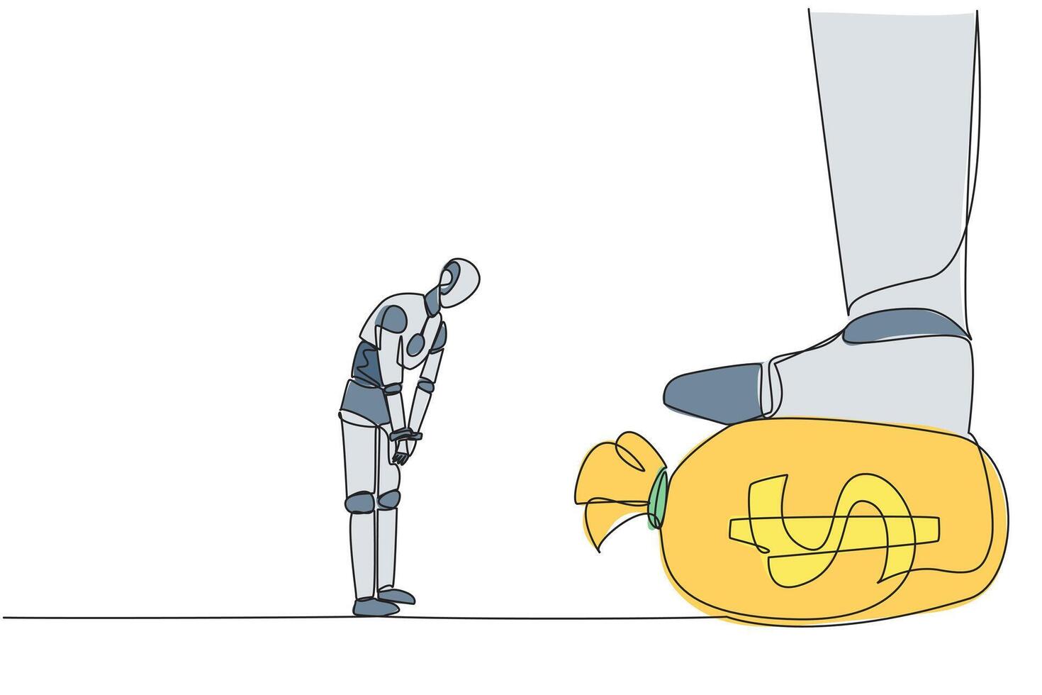 Continuous one line drawing smart robot nodded in front of the giant foot stepping on the money bag. A robot that can maintain profits very well. AI tech. Single line draw design illustration vector