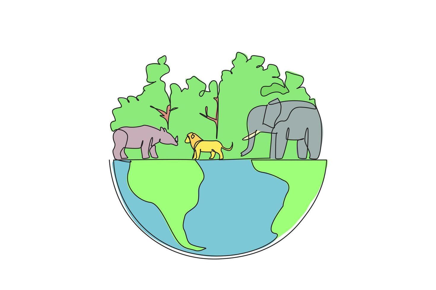 Single continuous line drawing lush trees and several animals. Habitat for living creatures. A maintained ecosystem ensures that animal populations are maintained. One line design illustration vector