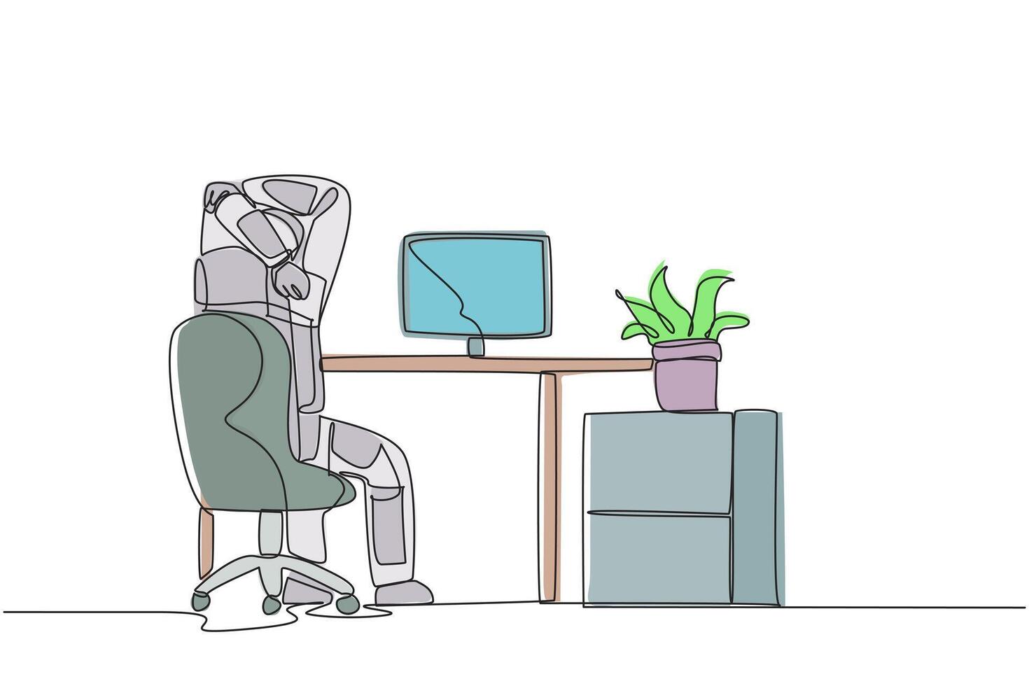Single one line drawing astronaut sitting in a work chair warming up his hands above his head. Stretching. The space expedition schedule is getting closer. Continuous line design graphic illustration vector