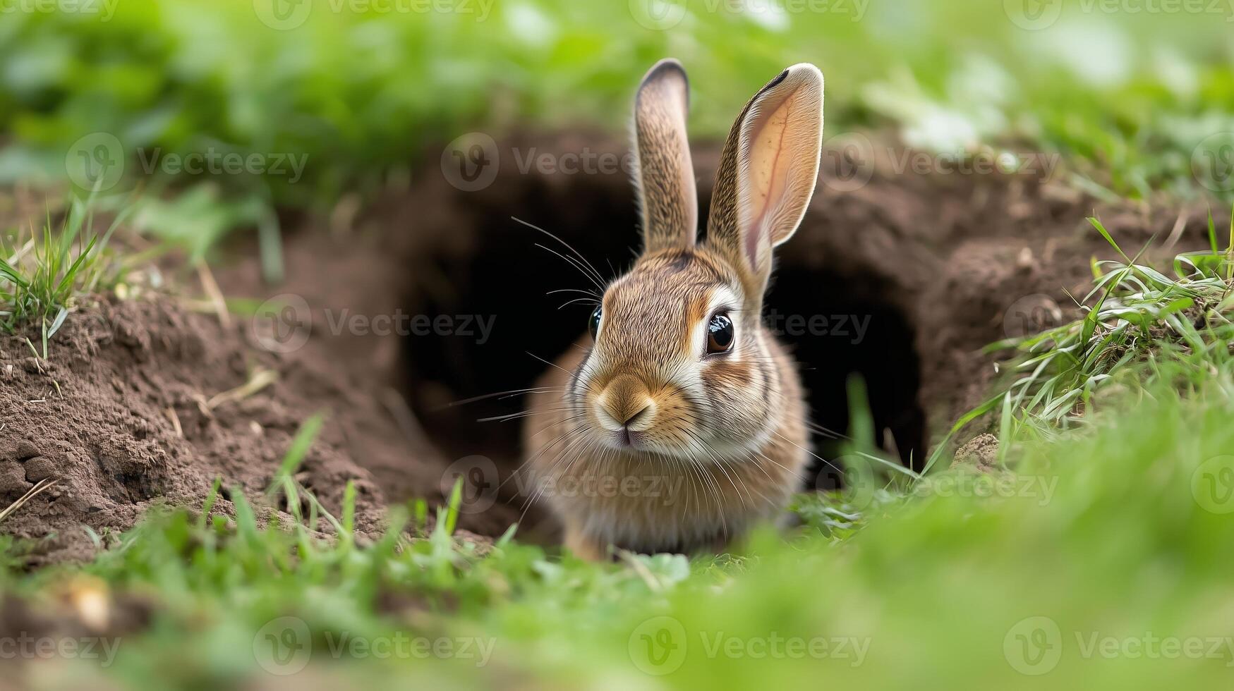 A young rabbit emerges from its burrow in a lush green field during a sunny spring afternoon photo